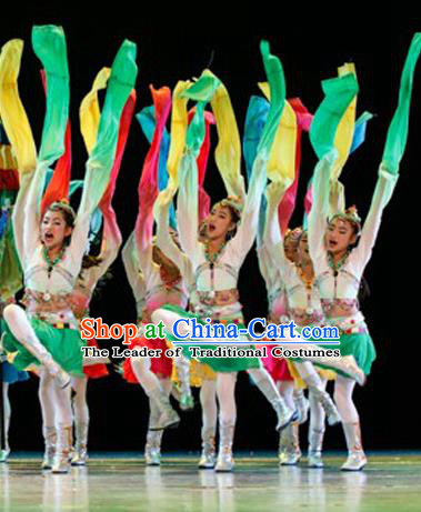 Traditional Chinese Yangge Fan Dance Costume, Folk Dance Drum Dance Water Sleeve Uniform Yangko Clothing for Kids