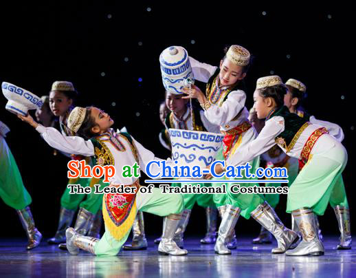 Traditional Chinese Uyghur Nationality Costume, Chinese Minority Nationality Uigurian Dance Costume for Kids