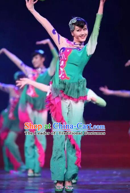 Traditional Chinese Yangge Fan Dance Costume, Folk Dance Drum Dance Green Uniform Yangko Clothing for Women