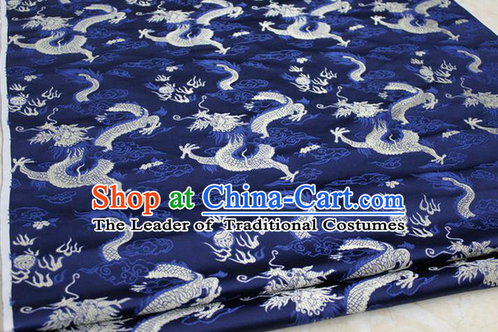 Chinese Traditional Ancient Costume Palace Dragons Pattern Cheongsam Mongolian Robe Navy Brocade Tang Suit Satin Fabric Hanfu Material