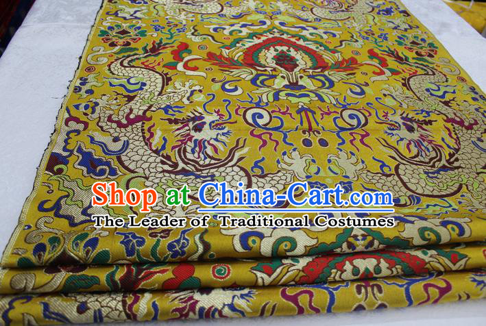 Chinese Traditional Ancient Costume Palace Dragons Pattern Cheongsam Yellow Brocade Tang Suit Satin Mongolian Robe Fabric Hanfu Material