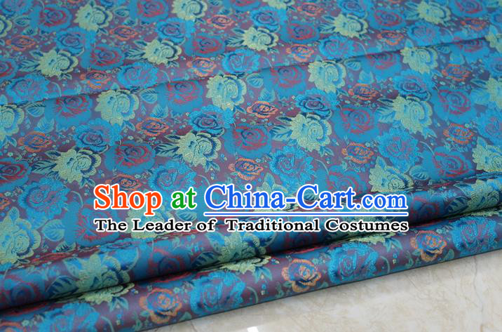 Chinese Traditional Ancient Costume Royal Palace Peony Flower Pattern Cheongsam Blue Brocade Tang Suit Satin Fabric Hanfu Material