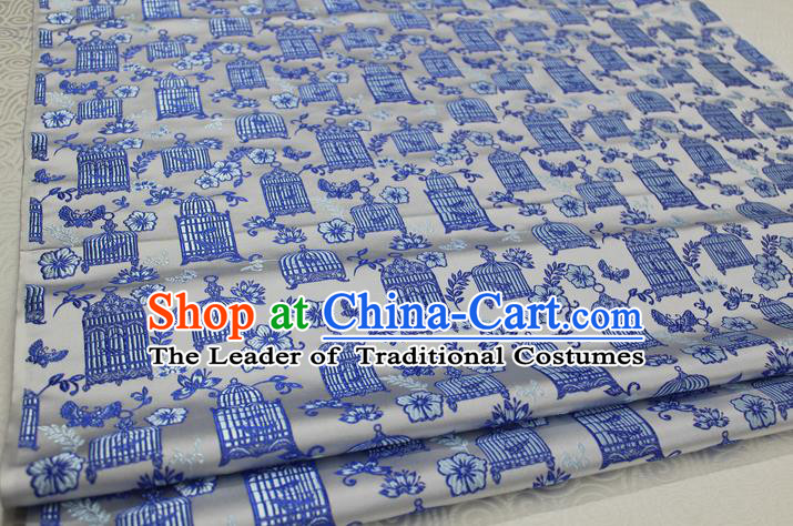 Chinese Traditional Ancient Costume Palace Blue Pattern Kimono Cheongsam White Brocade Tang Suit Satin Fabric Hanfu Material