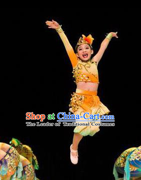 Traditional Chinese Yangge Fan Dance Costume, Folk Dance Drum Dance Yellow Uniform Yangko Clothing for Kids