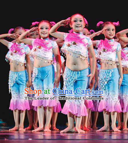 Traditional Chinese Yangge Fan Dance Costume, Folk Dance Drum Dance Blue Uniform Yangko Clothing for Kids