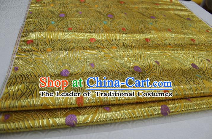 Chinese Traditional Ancient Costume Royal Palace Feather Pattern Mongolian Robe Tang Suit Yellow Brocade Cheongsam Satin Fabric Hanfu Material