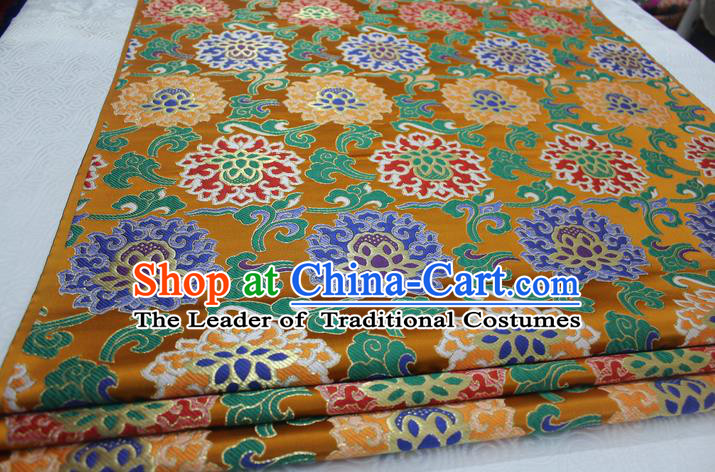Chinese Traditional Ancient Costume Royal Palace Lotus Pattern Mongolian Robe Tang Suit Yellow Brocade Cheongsam Satin Fabric Hanfu Material
