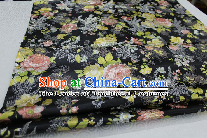 Chinese Traditional Ancient Costume Royal Phoenix Pattern Tang Suit Wedding Dress Black Brocade Cheongsam Satin Fabric Hanfu Material