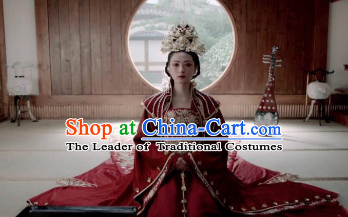 Traditional Ancient Chinese Tang Dynasty Imperial Concubine Wedding Embroidered Tailing Red Dress Costume and Headpiece Complete Set for Women