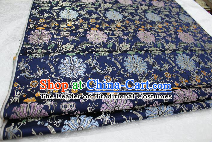 Chinese Traditional Clothing Palace Pattern Cheongsam Navy Brocade Ancient Costume Mongolian Robe Satin Fabric Hanfu Material