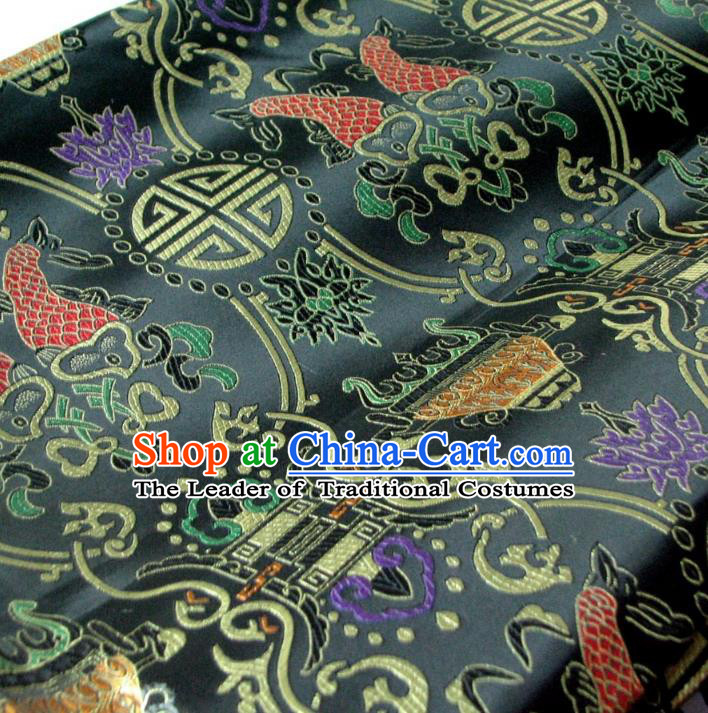 Chinese Traditional Royal Palace Fish Pattern Design Black Brocade Fabric Ancient Costume Tang Suit Cheongsam Hanfu Material