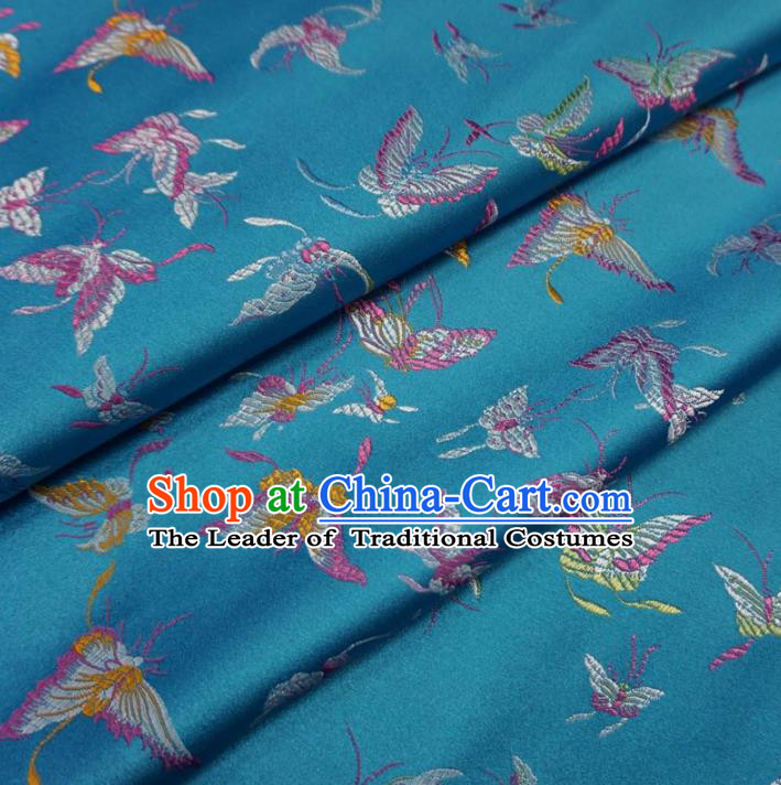 Chinese Traditional Royal Palace Butterfly Pattern Design Blue Brocade Fabric Ancient Costume Tang Suit Cheongsam Hanfu Material