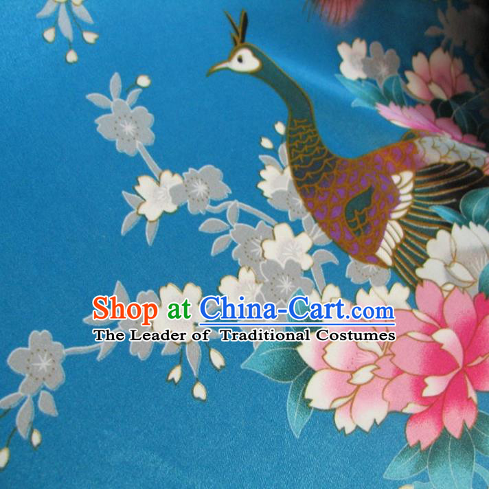 Chinese Traditional Royal Palace Printing Peacock Design Hanfu Blue Brocade Fabric Ancient Costume Tang Suit Cheongsam Material