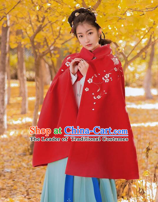 Traditional Chinese Ming Dynasty Young Lady Hanfu Costume Embroidered Red Short Cloak for Women