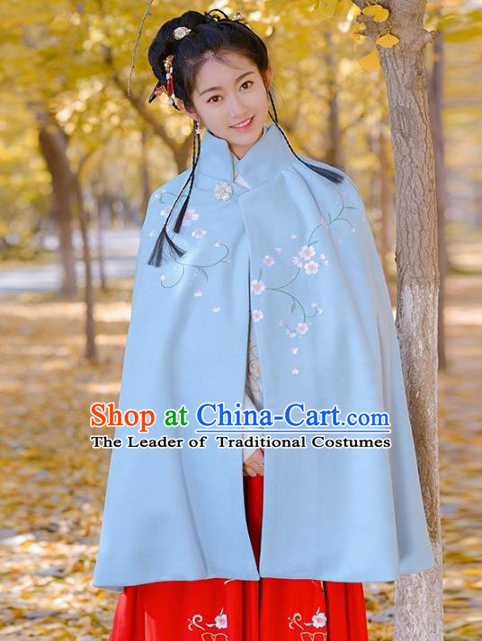 Traditional Chinese Ming Dynasty Young Lady Hanfu Costume Embroidered Blue Short Cloak for Women
