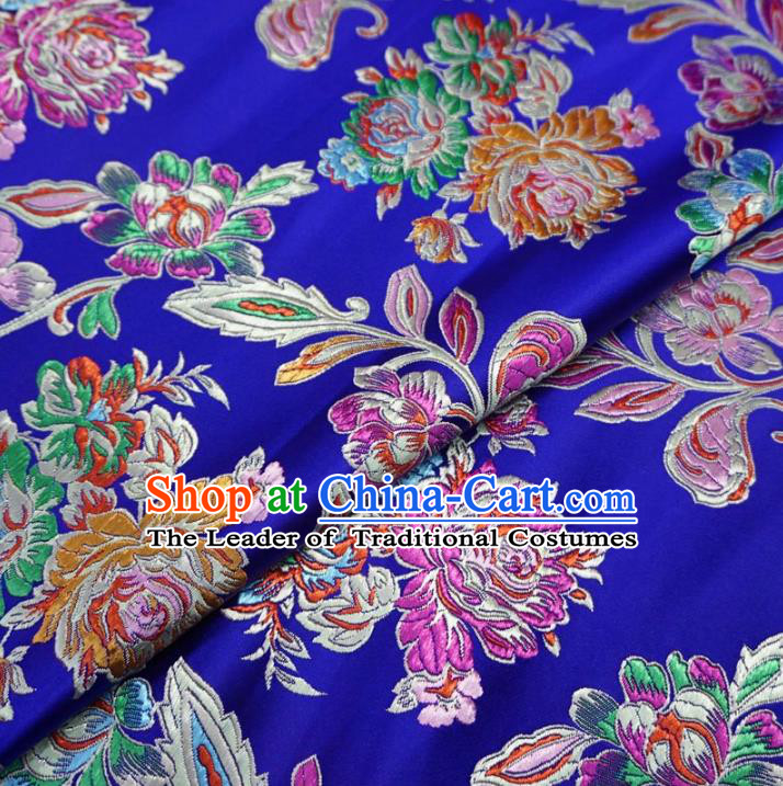 Chinese Traditional Palace Chrysanthemum Pattern Hanfu Blue Brocade Fabric Ancient Costume Tang Suit Cheongsam Material