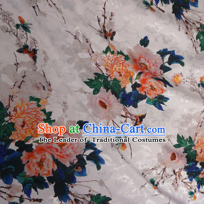 Chinese Traditional Palace Printing Peony Pattern Hanfu White Brocade Fabric Ancient Costume Tang Suit Cheongsam Material