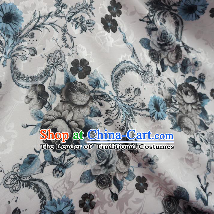 Chinese Traditional Palace Printing Flowers Pattern Hanfu White Brocade Fabric Ancient Costume Tang Suit Cheongsam Material