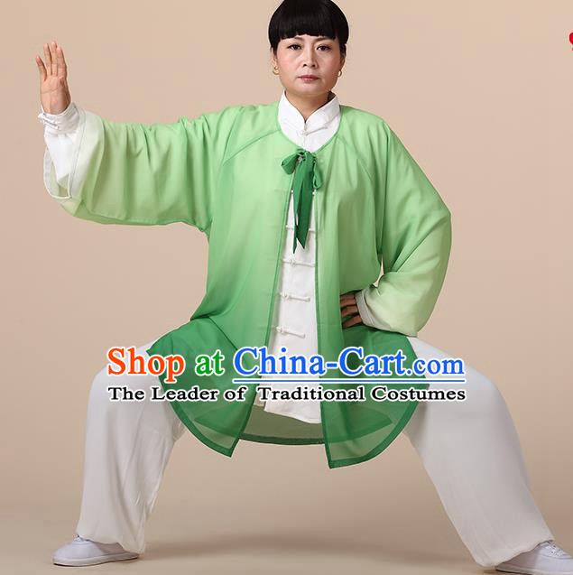 Traditional Chinese Kung Fu Costume Green Chiffon Cloak, China Martial Arts Tai Ji Mantillas Clothing for Women
