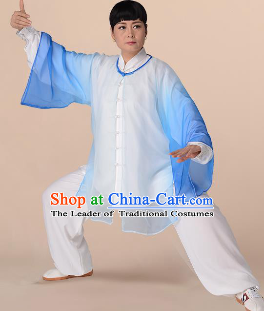 Traditional Chinese Kung Fu Costume Gradient Blue Chiffon Cloak, China Martial Arts Tai Ji Mantillas Clothing for Women