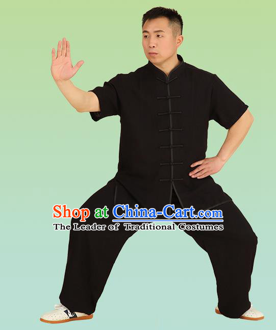 Chinese Linen Kung Fu Short Sleeve Black Costume, China Traditional Martial Arts Kung Fu Tai Ji Plated Buttons Uniform for Men