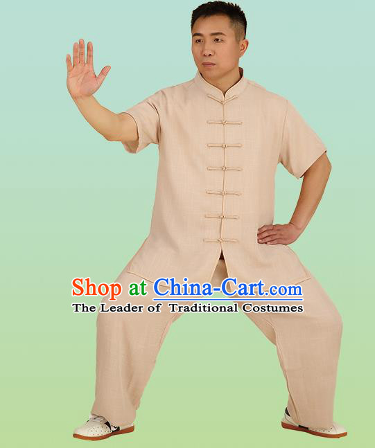 Chinese Linen Kung Fu Short Sleeve Khaki Costume, China Traditional Martial Arts Kung Fu Tai Ji Plated Buttons Uniform for Men