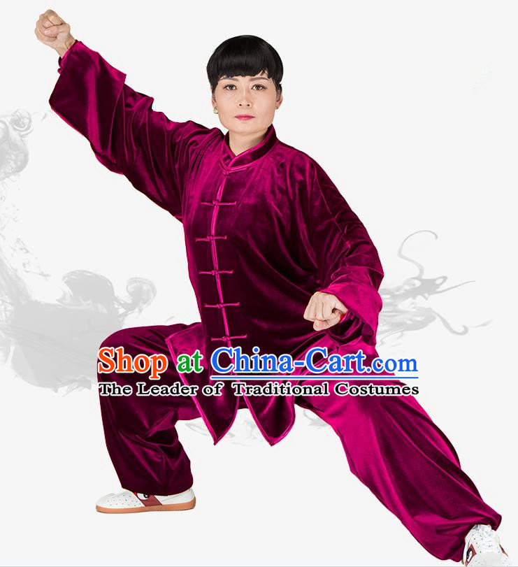 Chinese Kung Fu Black Wine Red Velvet Plated Buttons Costume Traditional Martial Arts Kung Fu Tai Ji Uniform for Women for Men
