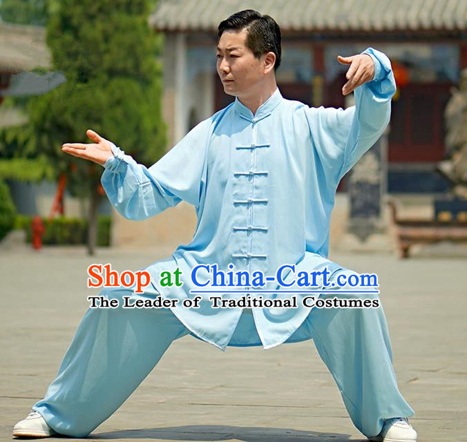 Chinese Kung Fu Plated Buttons Costume, Traditional Martial Arts Kung Fu Tai Ji Blue Uniform for Women for Men