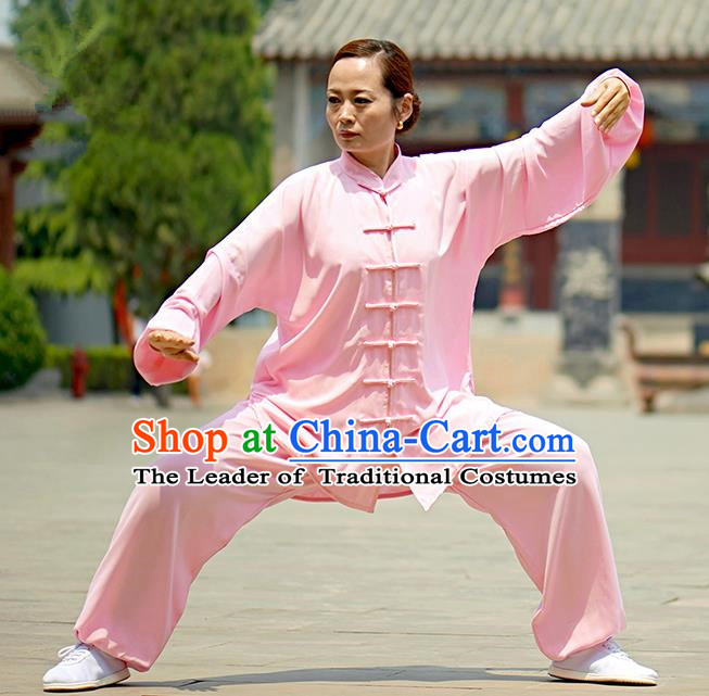 Chinese Kung Fu Plated Buttons Costume, Traditional Martial Arts Kung Fu Tai Ji Pink Uniform for Women for Men