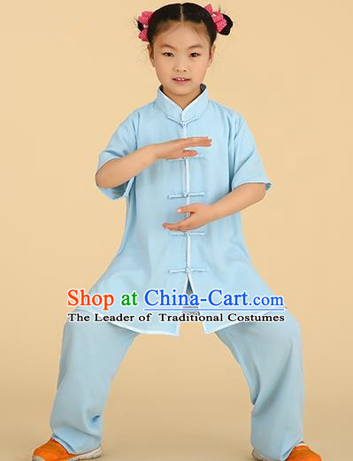 Chinese Kung Fu Linen Plated Buttons Costume, Traditional Martial Arts Tai Ji Blue Uniform for Kids