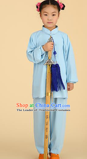 Chinese Kung Fu Linen Plated Buttons Costume, Traditional Martial Arts Tai Ji Blue Long Sleeve Uniform for Kids