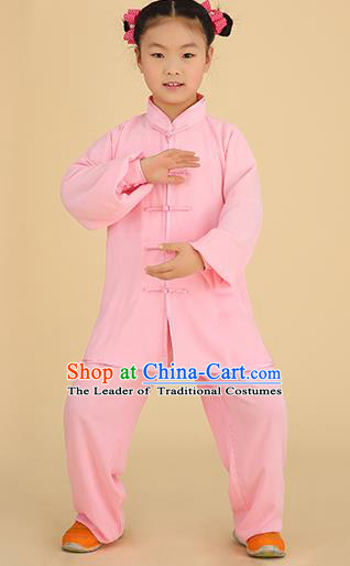 Chinese Kung Fu Linen Plated Buttons Costume, Traditional Martial Arts Tai Ji Pink Long Sleeve Uniform for Kids