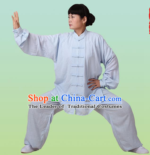 Top Grade Chinese Linen Kung Fu Costume, China Traditional Martial Arts Kung Fu Training Blue Uniform Wushu Clothing for Adult