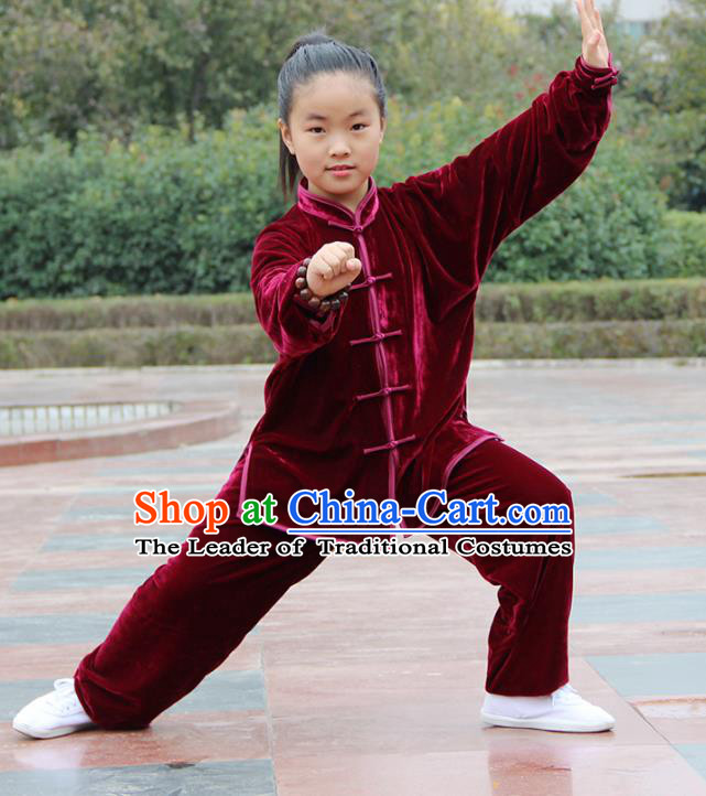 Chinese Kung Fu Wine Red Velvet Costume, Traditional Martial Arts Tai Ji Uniform Clothing for Kids