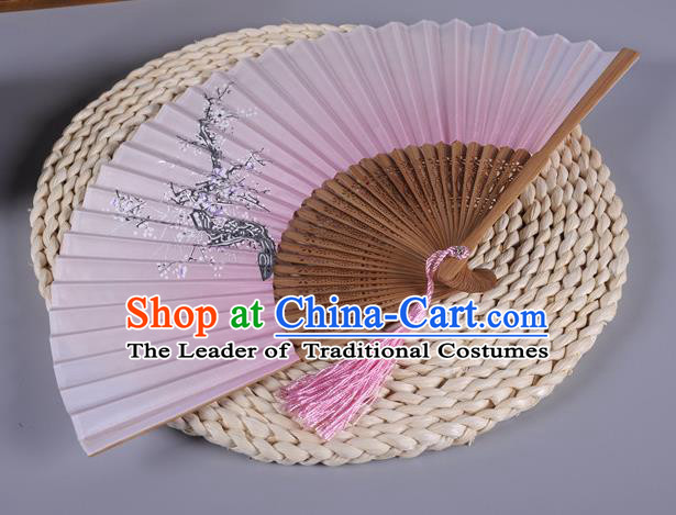 Traditional Chinese Crafts Printing Wintersweet Pink Silk Folding Fan China Oriental Fans for Women