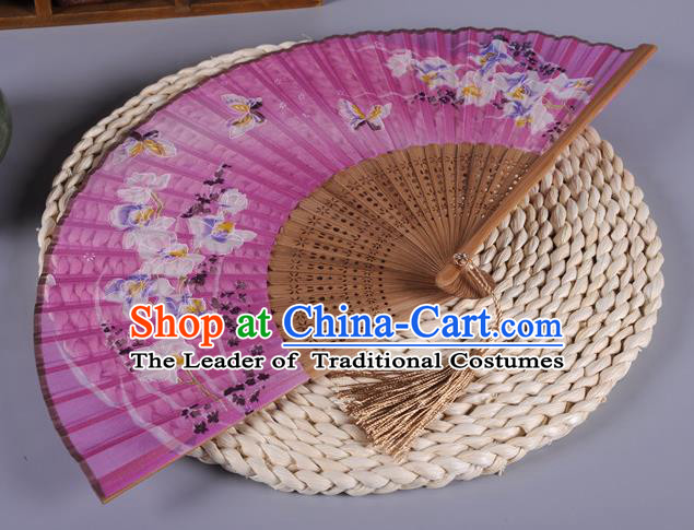 Traditional Chinese Crafts Printing Butterfly Pink Silk Folding Fan China Oriental Fans for Women
