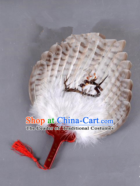 Traditional Chinese Crafts Folding Fan China Printing Magpie Brown Feather Fan Oriental Fan Zhuge Liang Fans