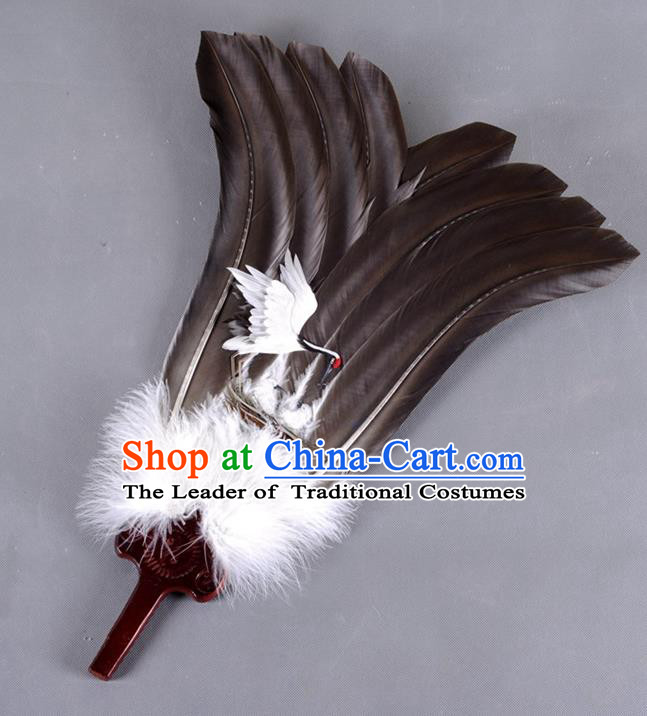 Traditional Chinese Crafts Folding Fan China Black Feather Fan Oriental Crane Fan Zhuge Liang Fans