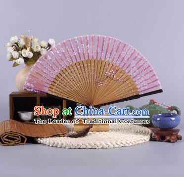 Traditional Chinese Crafts Hand Painted Wintersweet Pink Silk Folding Fan China Oriental Fans for Women