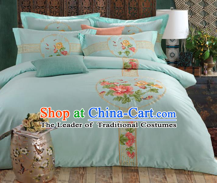 Traditional Chinese Wedding Blue Qulit Cover Embroidered Peony Bedding Sheet Four-piece Duvet Cover Textile Complete Set