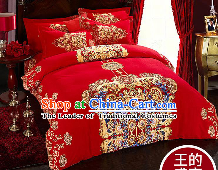 Traditional Chinese Wedding Red Qulit Cover Printing Bedding Sheet Four-piece Duvet Cover Textile Complete Set