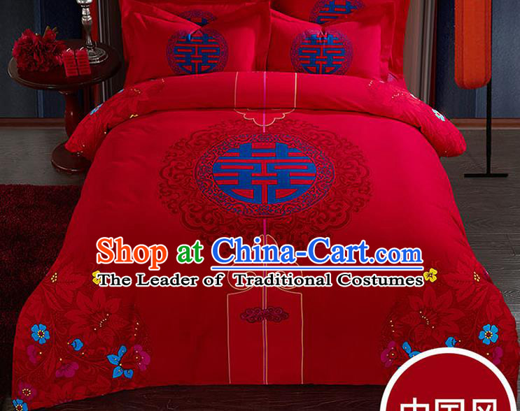 Traditional Chinese Wedding Red Qulit Cover Printing Bedding Sheet Four-piece Duvet Cover Textile Complete Set