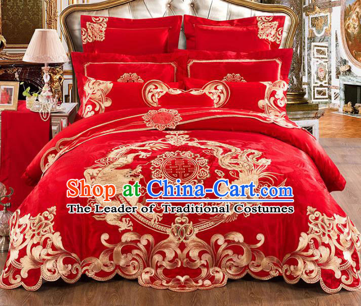 Traditional Chinese Wedding Red Satin Qulit Cover Bedding Sheet Embroidered Dragon Phoenix Eleven-piece Duvet Cover Textile Complete Set