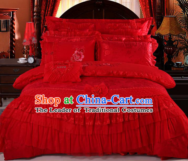 Traditional Chinese Wedding Red Lace Satin Qulit Cover Bedding Sheet Embroidered Ten-piece Duvet Cover Textile Complete Set