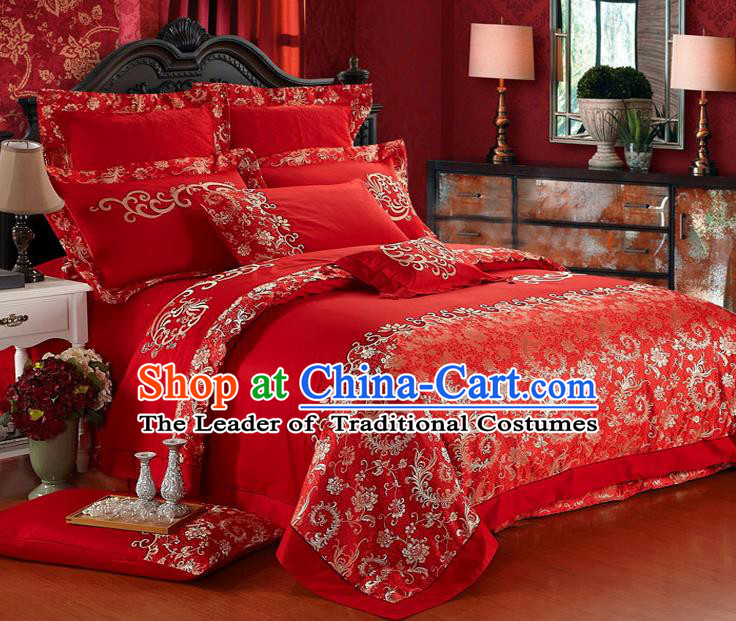 Traditional Chinese Wedding Red Qulit Cover Bedding Sheet Embroidered Ten-piece Duvet Cover Textile Complete Set