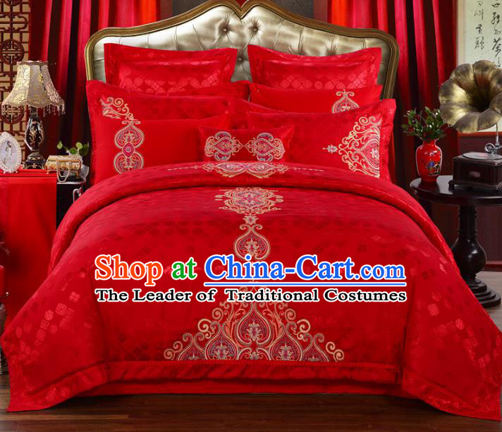 Traditional Chinese Wedding Red Satin Qulit Cover Bedding Sheet Embroidered Ten-piece Duvet Cover Textile Complete Set