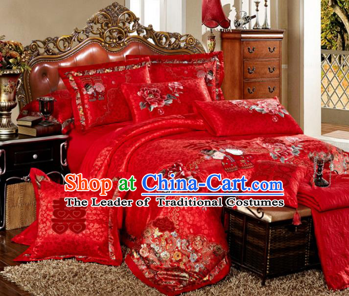 Traditional Chinese Wedding Red Satin Qulit Cover Bedding Sheet Embroidered Peony Ten-piece Duvet Cover Textile Complete Set