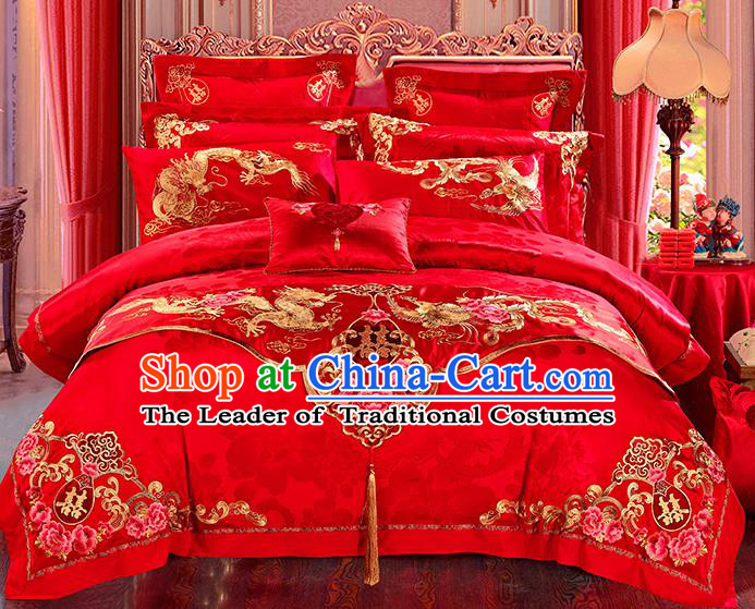 Traditional Asian Chinese Wedding Palace Qulit Cover Bedding Sheet Embroidered Dragon Phoenix Red Satin Eleven-piece Duvet Cover Textile Complete Set