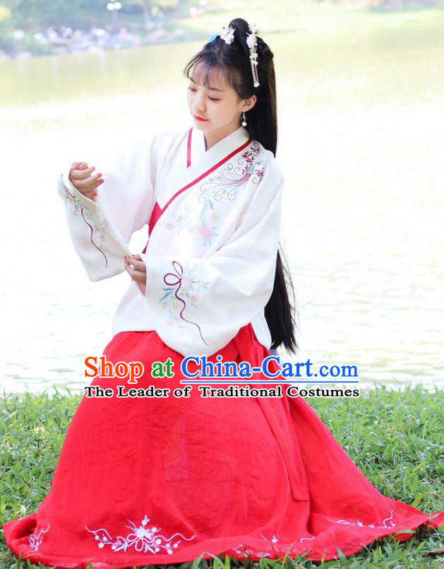 Traditional Chinese Ancient Ming Dynasty Young Lady Hanfu Costume Embroidered White Blouse and Red Skirt for Women