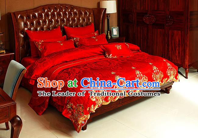 Traditional Asian Chinese Wedding Red Satin Palace Qulit Cover Bedding Sheet Embroidered Ten-piece Duvet Cover Textile Complete Set